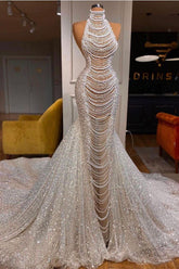 Glamorous High Neck Mermaid Evening Dress With Pearls and Sequins